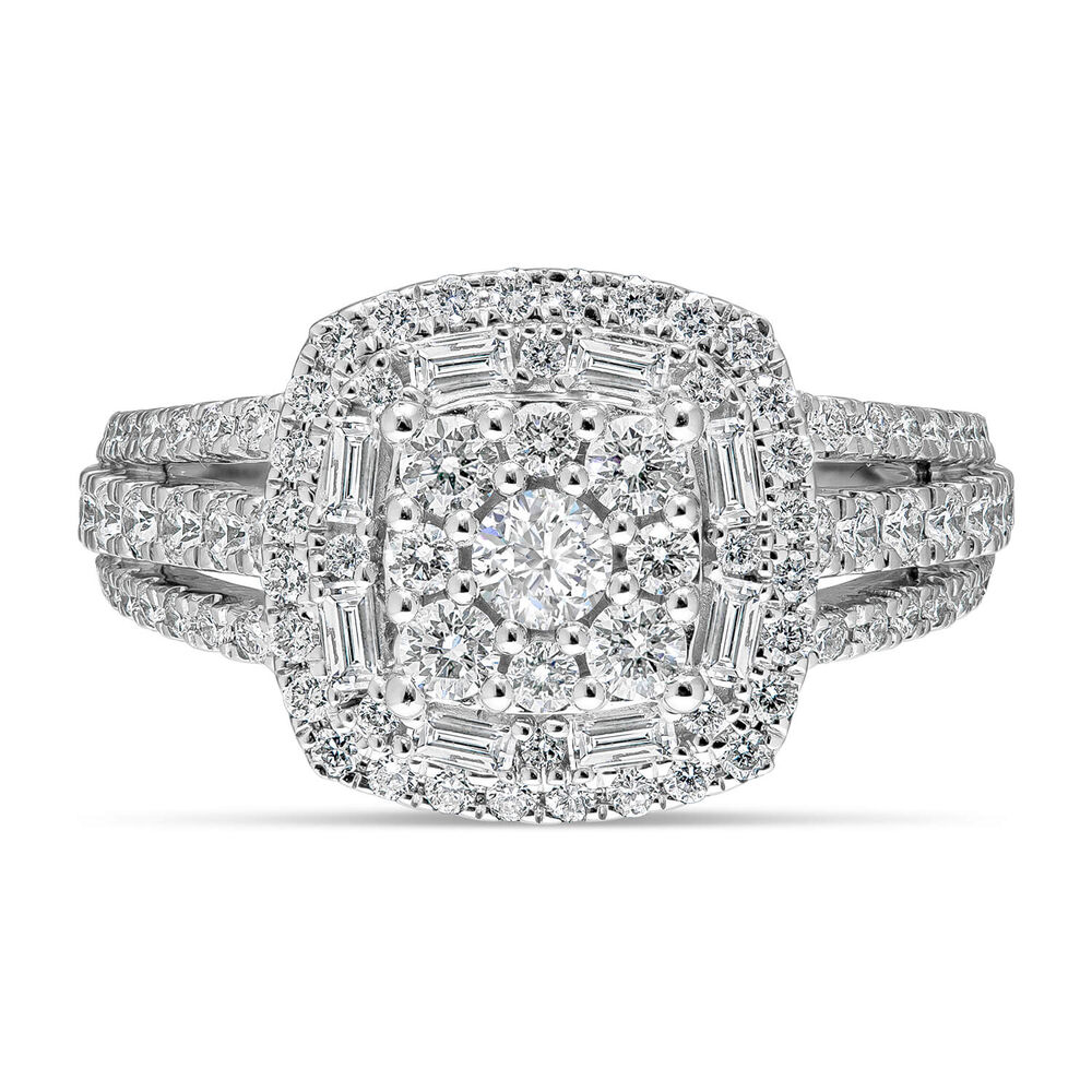 18ct White Gold Square Halo Cluster & 3 Row Shoulders 1ct Ring