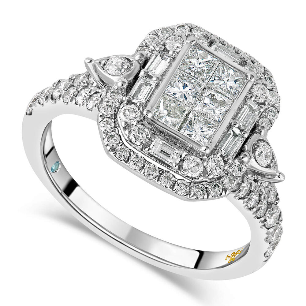 18ct White Gold Rectangular Princess & Baguette Halo Shoulders Ring