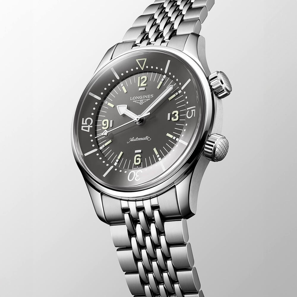 Longines Legend Diver 39mm Grey Dial Stainless Steel Case Bracelet Watch
