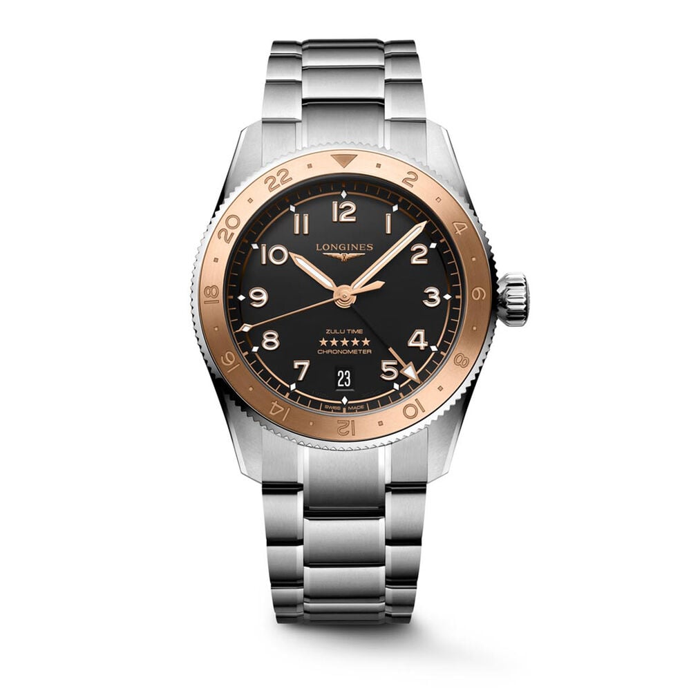 Longines Spirit Zulu Time 1925 39mm Black Dial 18kt Rose Gold Bezel Steel Bracelet Watch