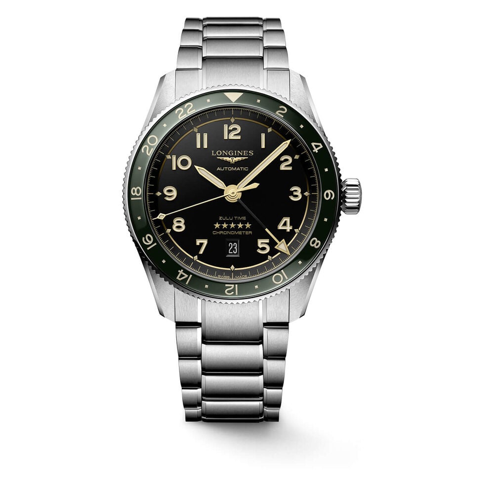 Longines Spirit Zulu 42mm Automatic Black Dial Green Bezel Steel Case Bracelet Watch