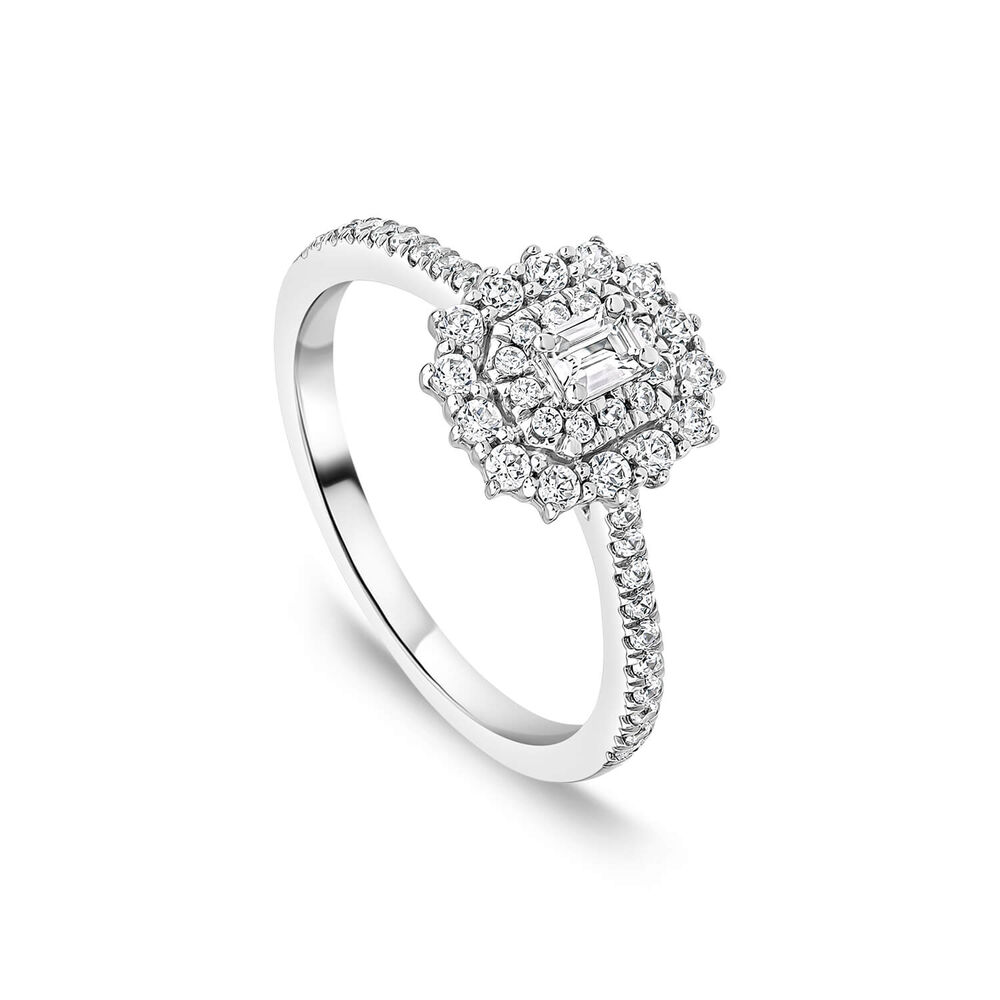 Platinum 0.50ct Double Cluster & Emerald Cut Centre Diamond Shoulders Ring