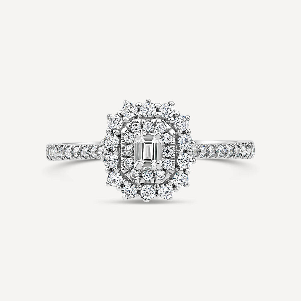 Platinum 0.50ct Double Cluster & Emerald Cut Centre Diamond Shoulders Ring