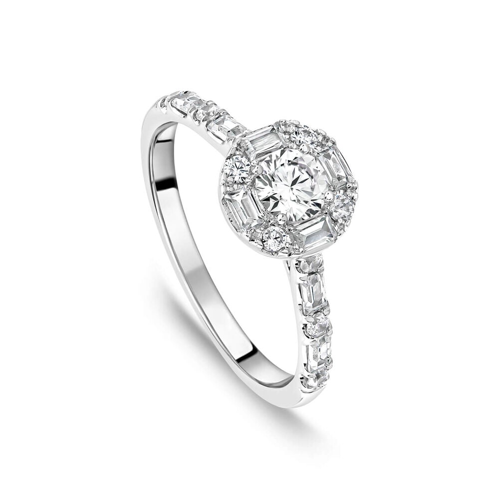 Platinum 0.75ct Diamond Round Centre Baguette Halo & Shoulders Ring