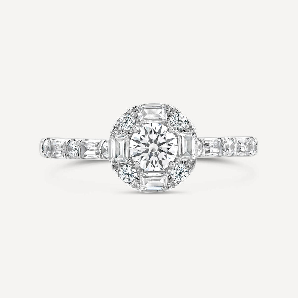 Platinum 0.75ct Diamond Round Centre Baguette Halo & Shoulders Ring