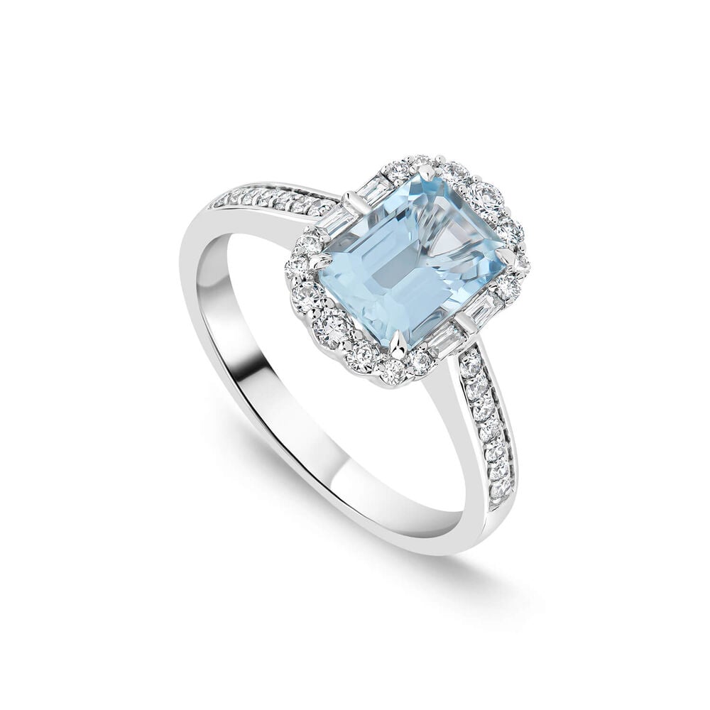 Platinum Emerald Cut Aquamarine Centre 0.33ct Diamond Baguette Brilliant Halo & Shoulders Ring