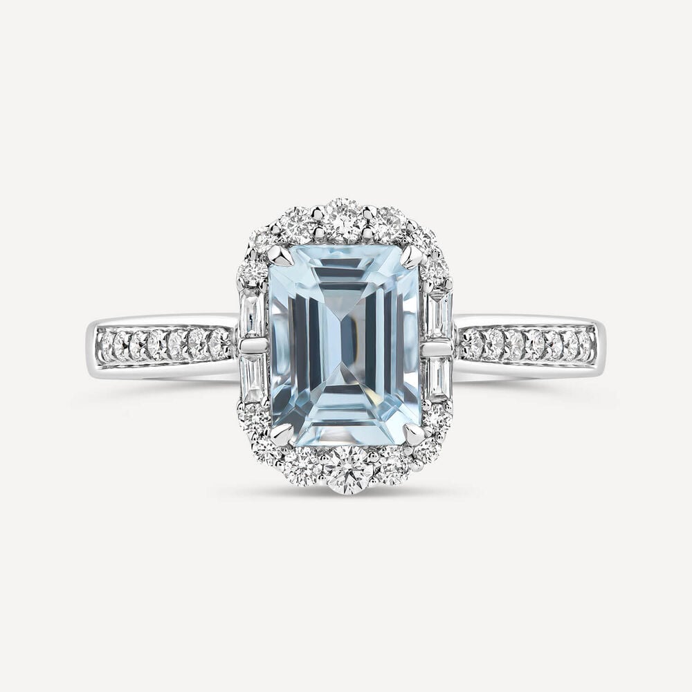 Platinum Emerald Cut Aquamarine Centre 0.33ct Diamond Baguette Brilliant Halo & Shoulders Ring