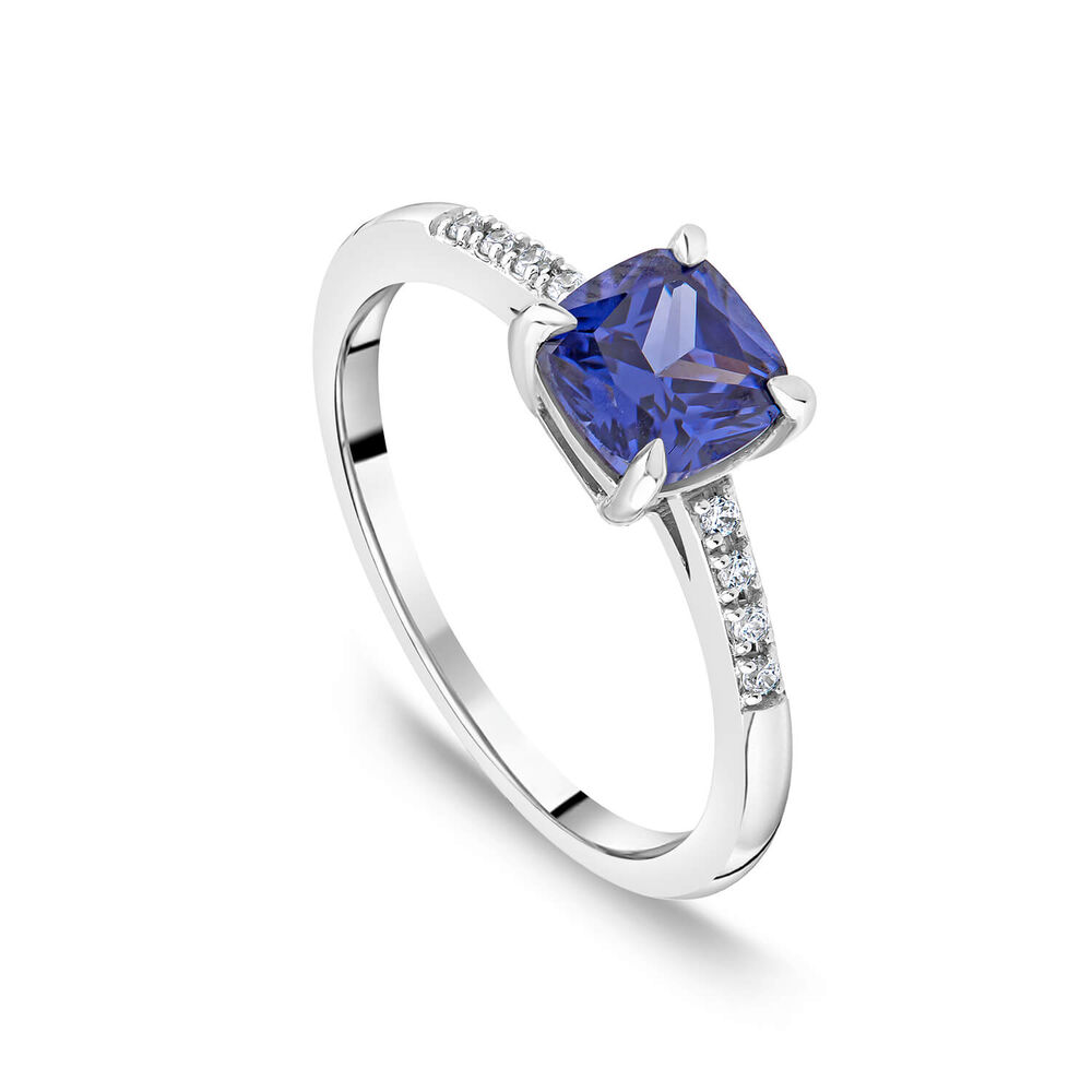 9ct White Gold Cushion Cut Tanzanite Centre & Diamond Set Shoulders Ring