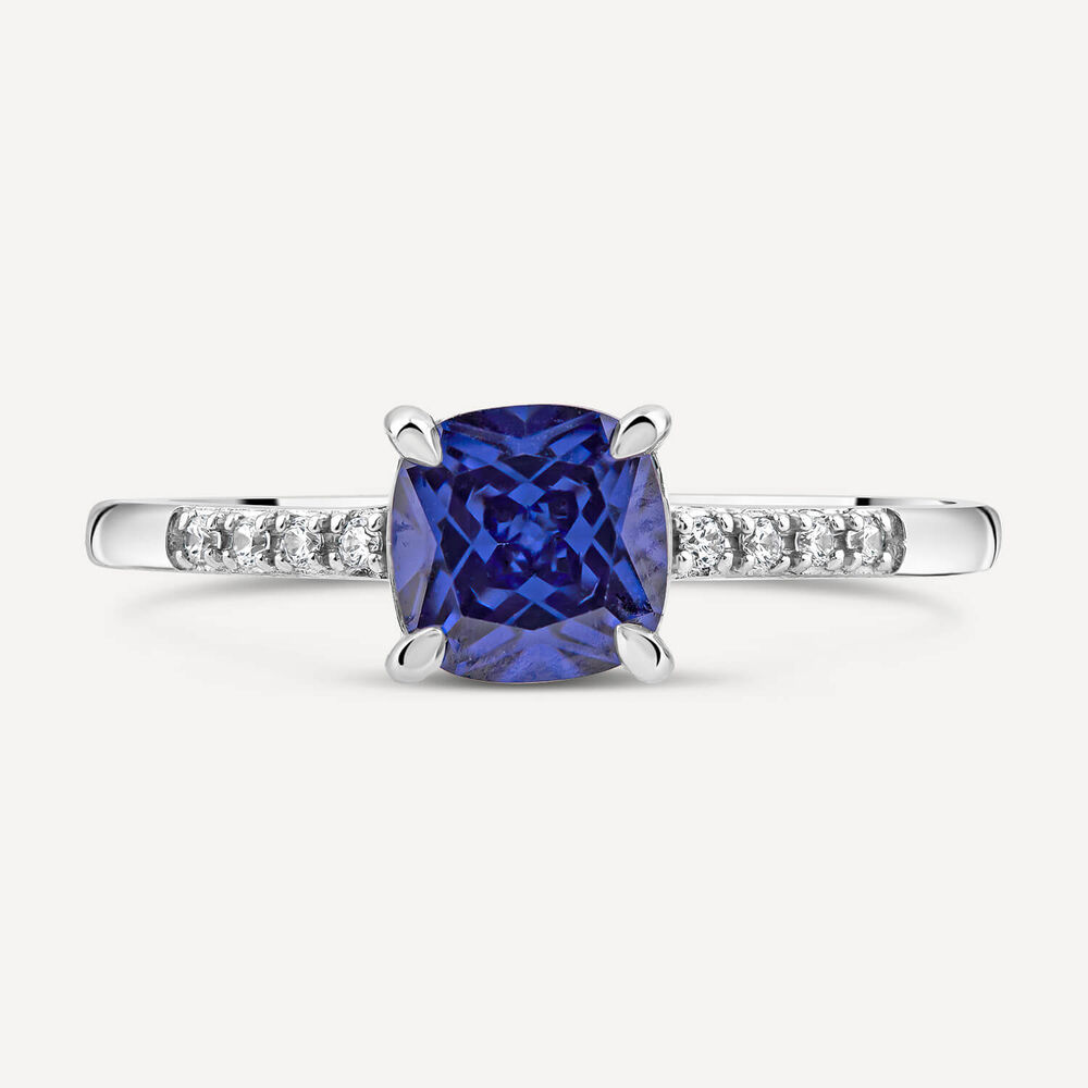 9ct White Gold Cushion Cut Tanzanite Centre & Diamond Set Shoulders Ring