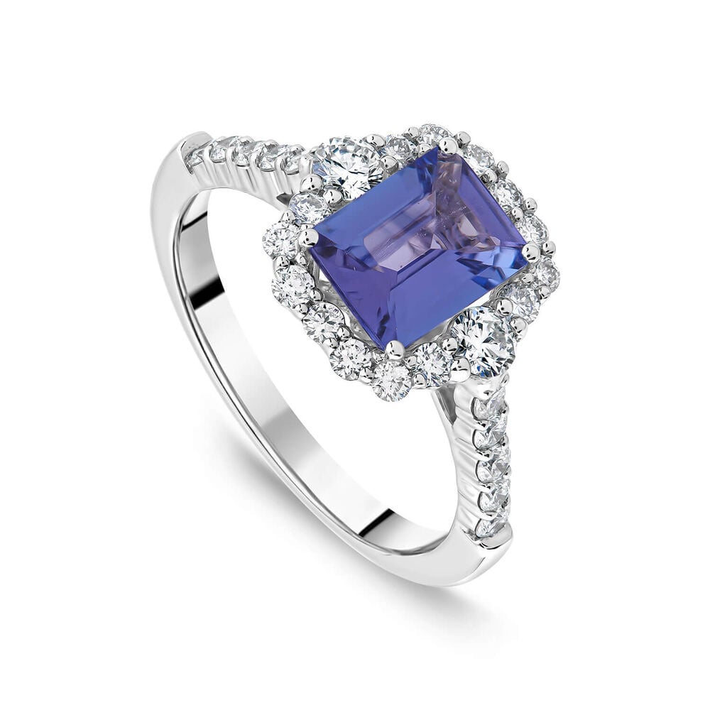 Platinum Emerald Cut Tanzanite Centre Diamond Halo & Shoulders Ring