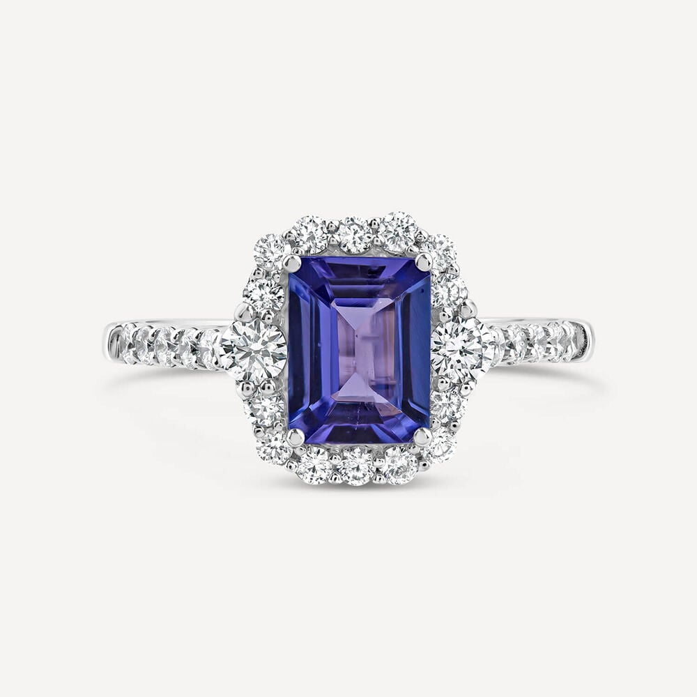 Platinum Emerald Cut Tanzanite Centre Diamond Halo & Shoulders Ring