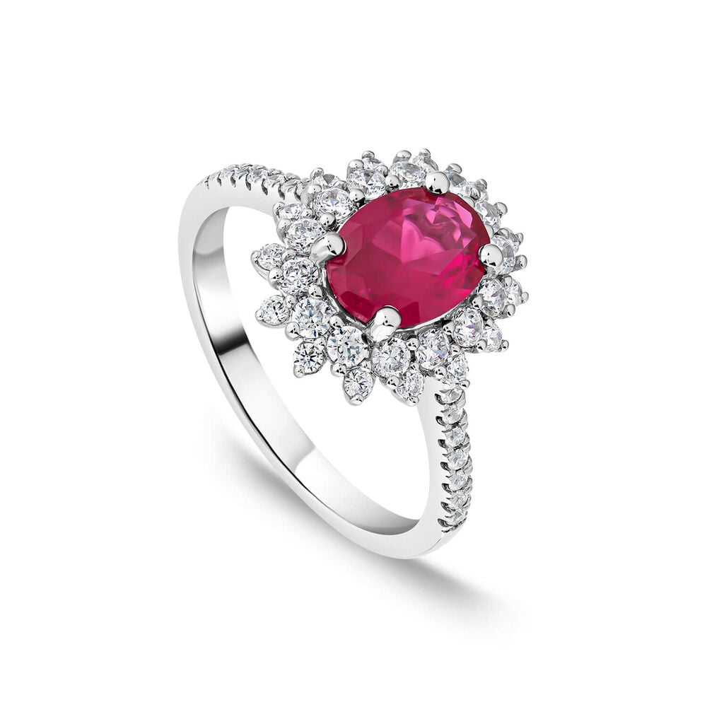 Platinum Oval Synthetic Ruby Centre 0.60ct Diamond Double Halo & Shoulders Ring