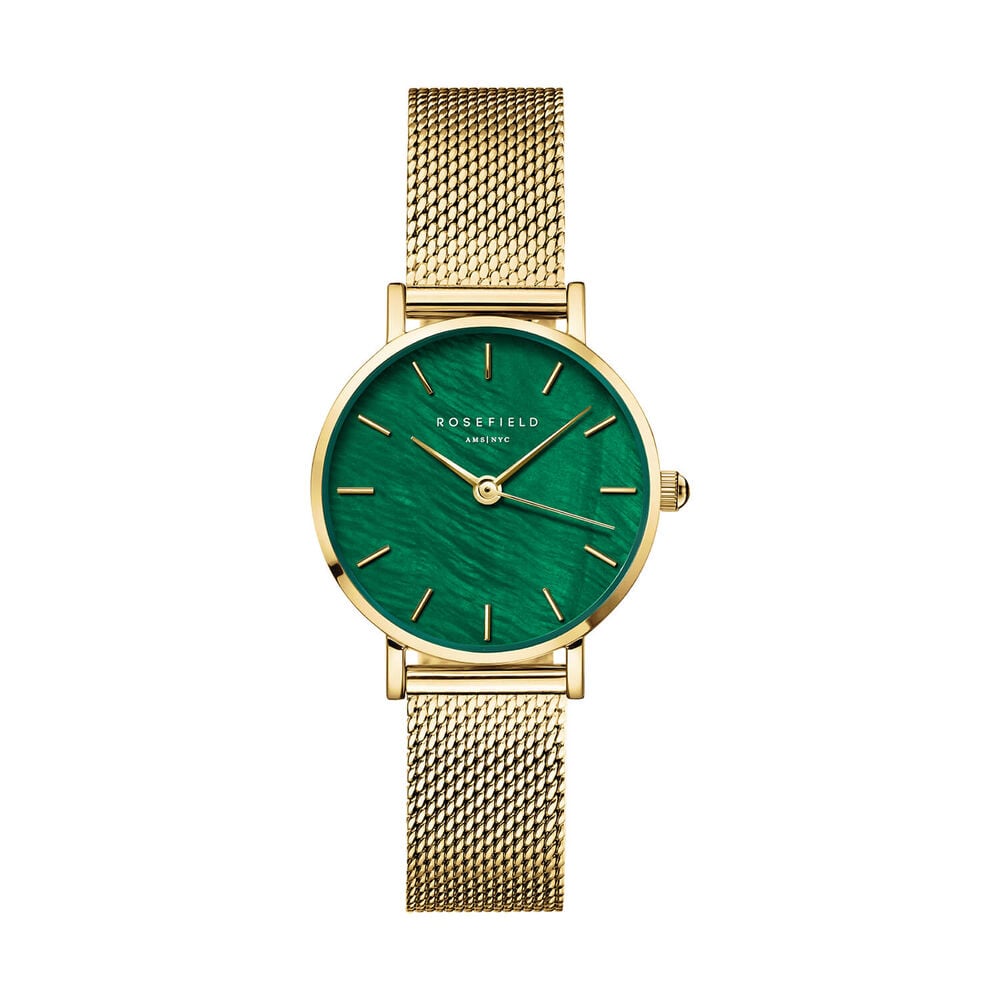 Rosefield Small Edit Emerald Mesh 26mm Pearl Dial 23k Gold Plated Steel Bracelet Watch