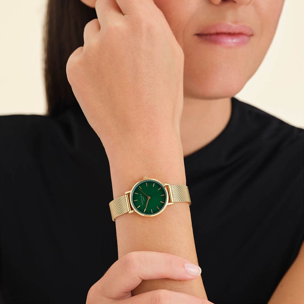 Rosefield Small Edit Emerald Mesh 26mm Pearl Dial 23k Gold Plated Steel Bracelet Watch