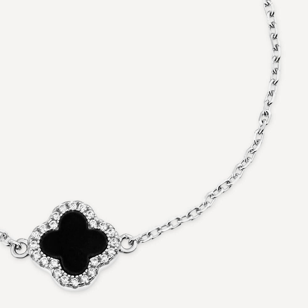 Sterling Silver Black Centre Cubic Zirconia Set Clover Petal Bracelet