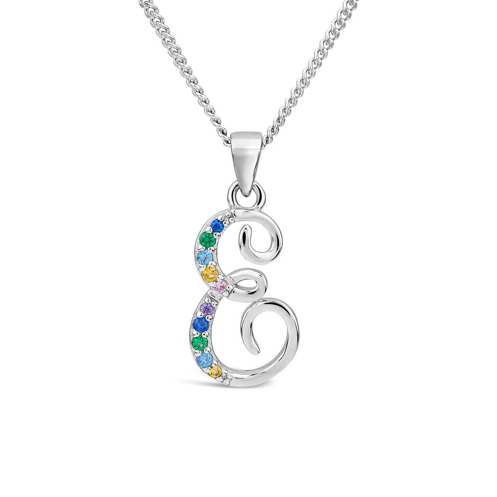 Sterling Silver Coloured Stone Set Initial E Pendant (Chain Included)