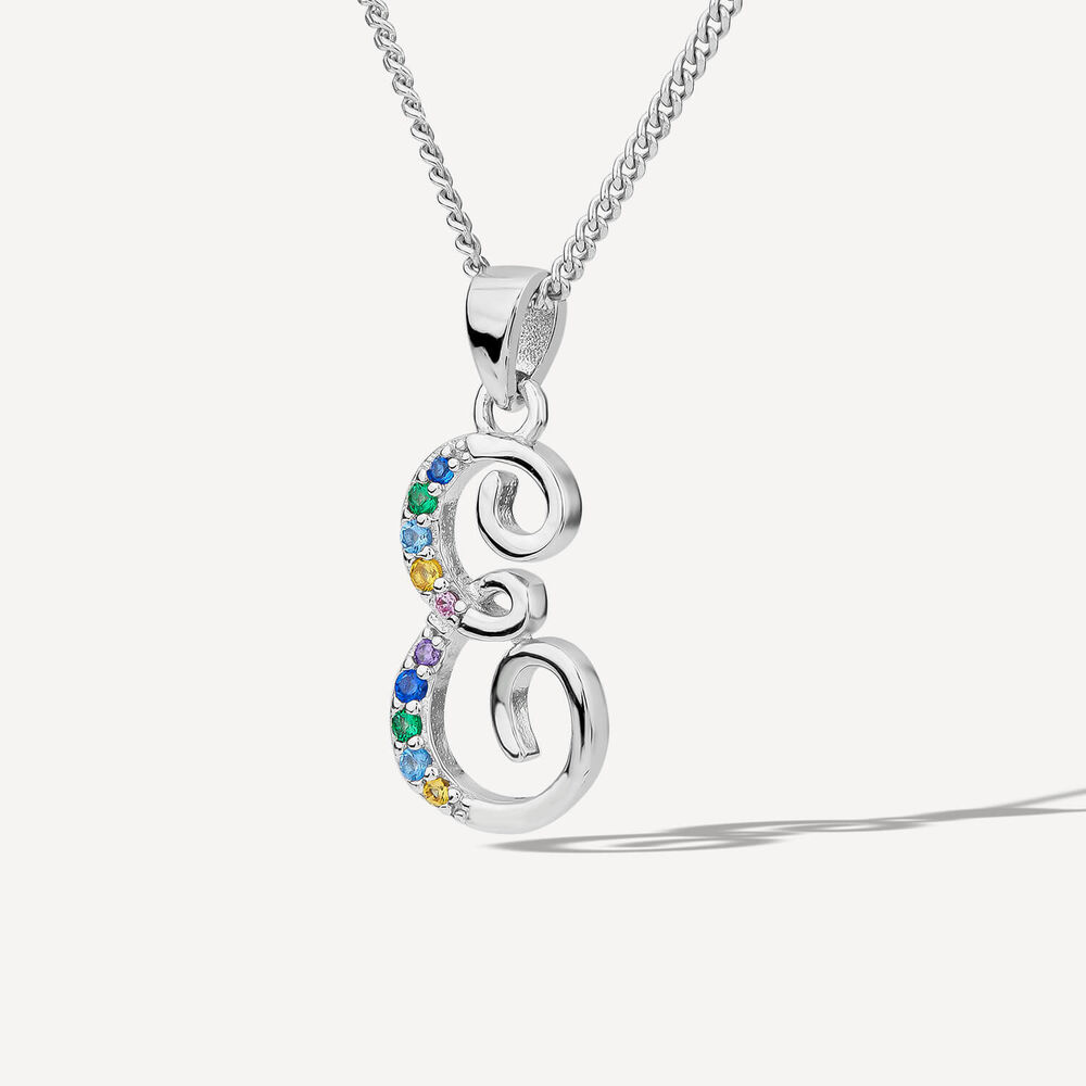 Sterling Silver Coloured Stone Set Initial E Pendant (Chain Included)