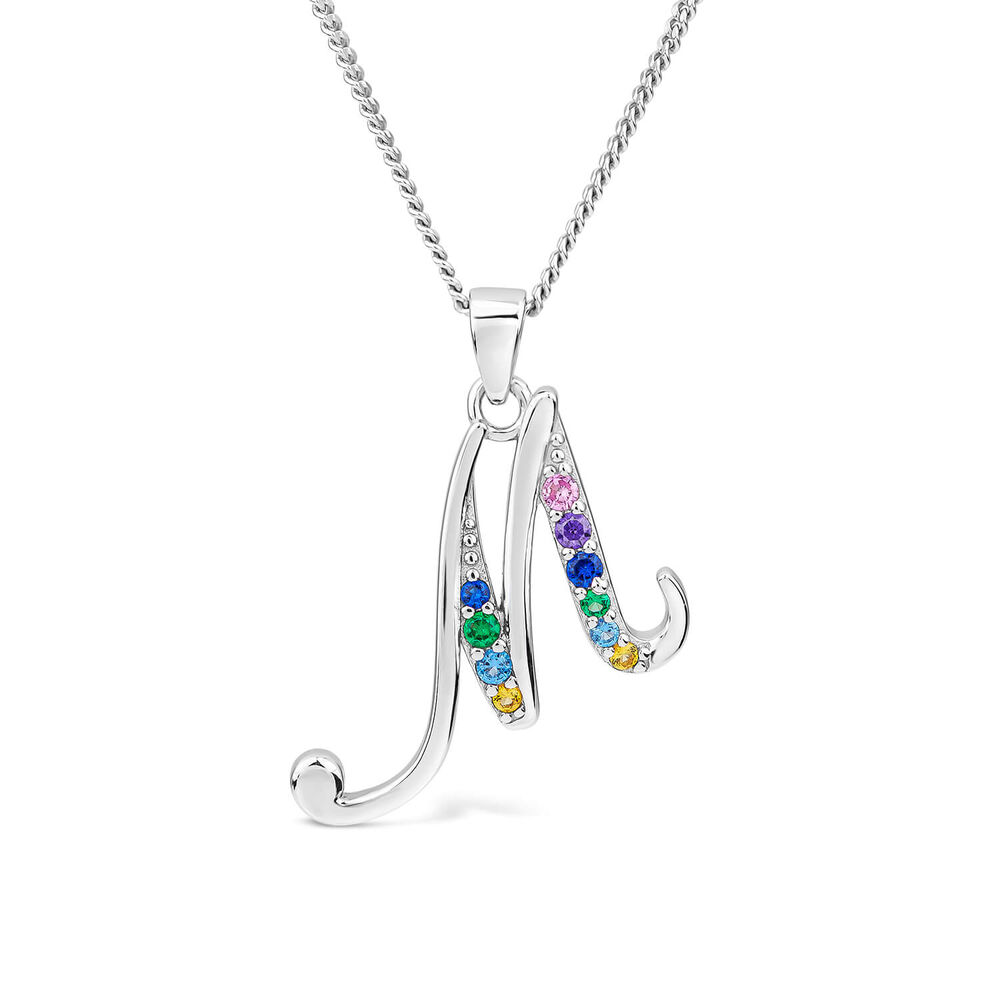 Sterling Silver Coloured Stone Set Initial M Pendant (Chain Included)