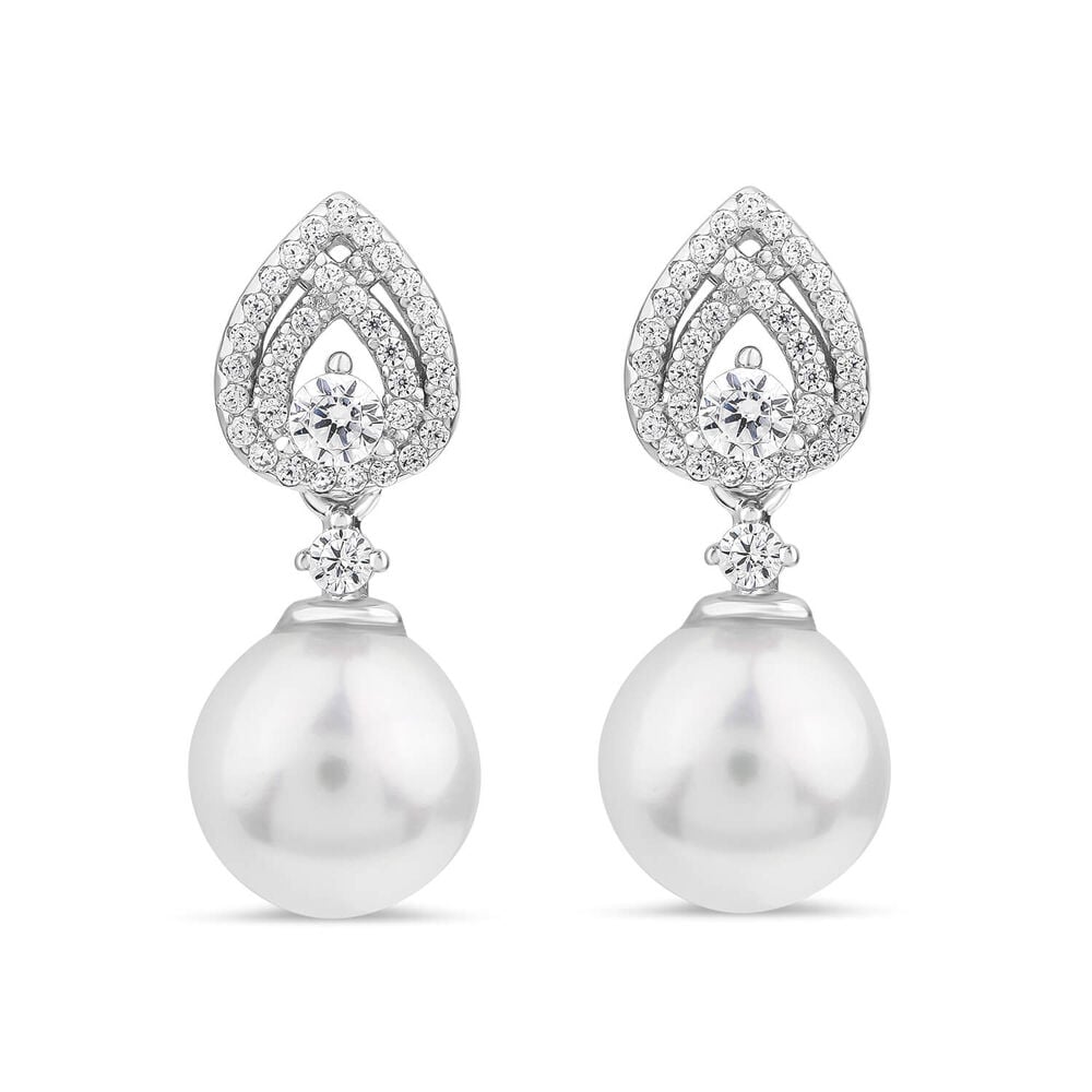 Sterling Silver Cubic Zirconia Double Halo Pear & Pearl Drop Earrings