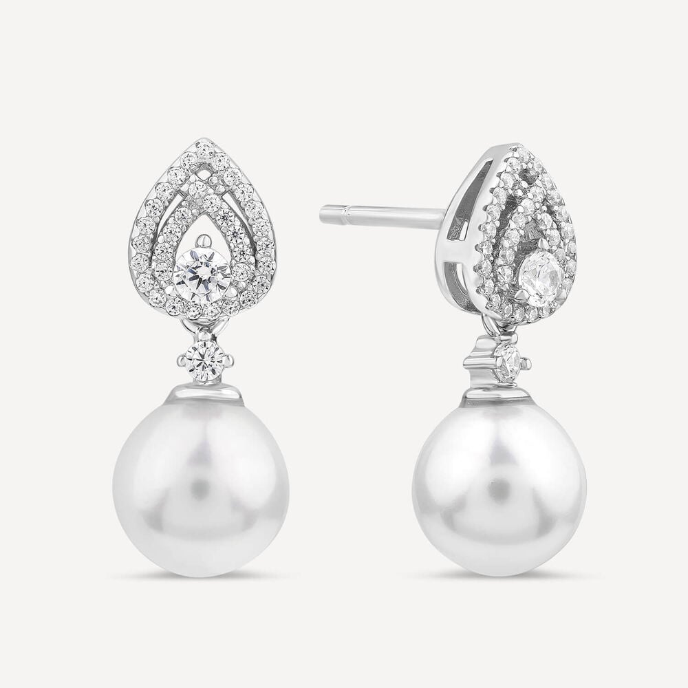 Sterling Silver Cubic Zirconia Double Halo Pear & Pearl Drop Earrings
