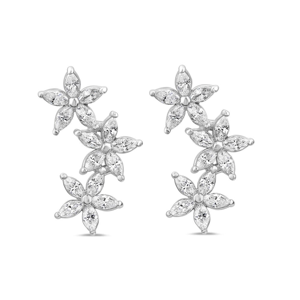 Sterling Silver Cubic Zirconia Flower Climber Stud Earrings