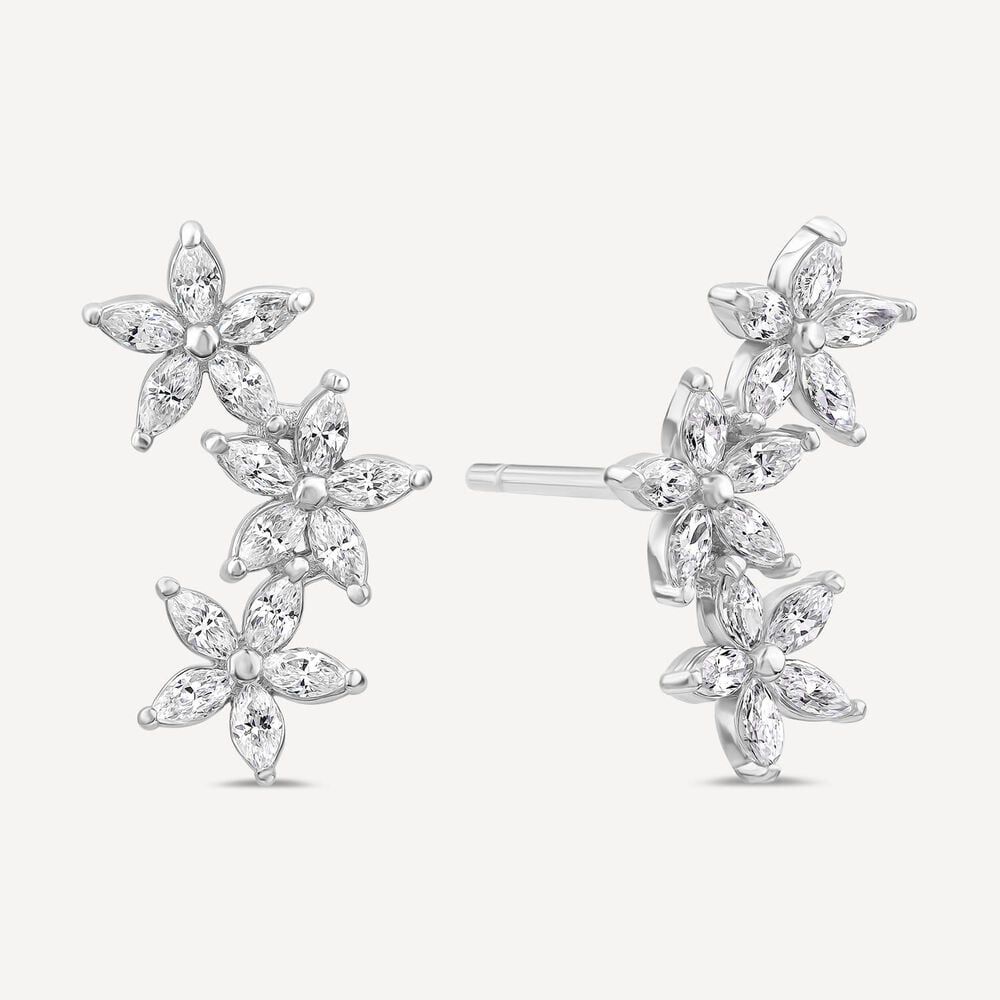 Sterling Silver Cubic Zirconia Flower Climber Stud Earrings