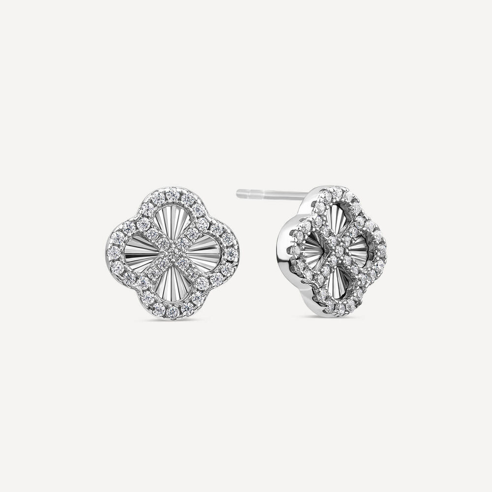 Sterling Silver Iridescent Centre Cubic Zirconia Clover Petal Earrings