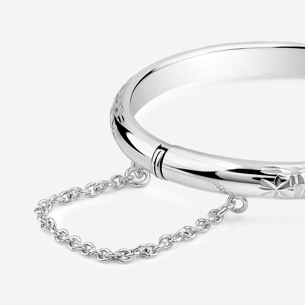 Sterling Silver Lines & Flower Engraved Safety Chain Baby Bangle