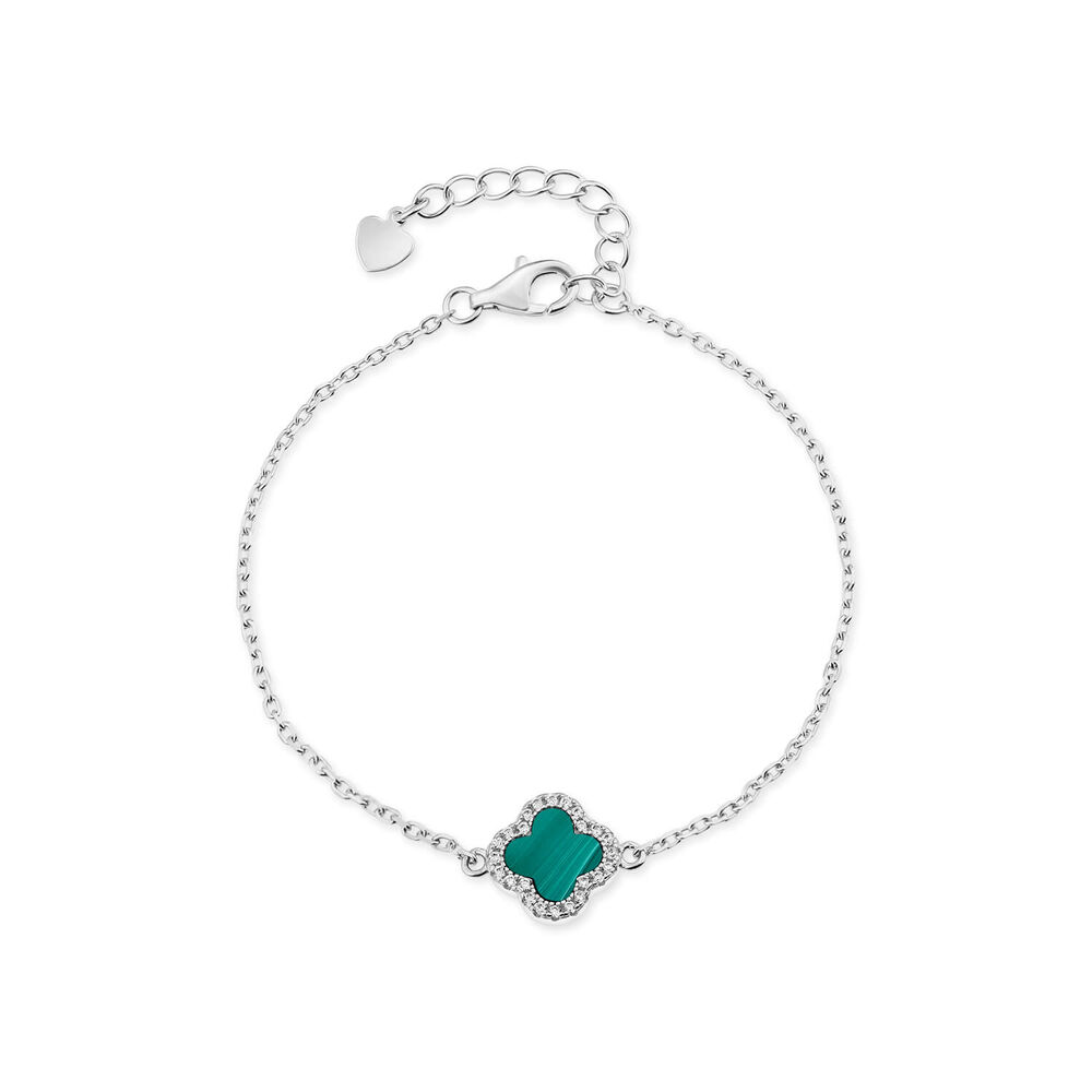Sterling Silver Malachite & Cubic Zirconia Clover Petal Bracelet