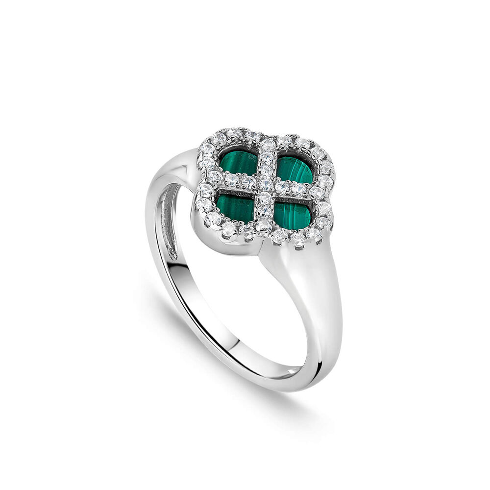 Sterling Silver Malachite Cubic Zirconia Clover Petal Ring