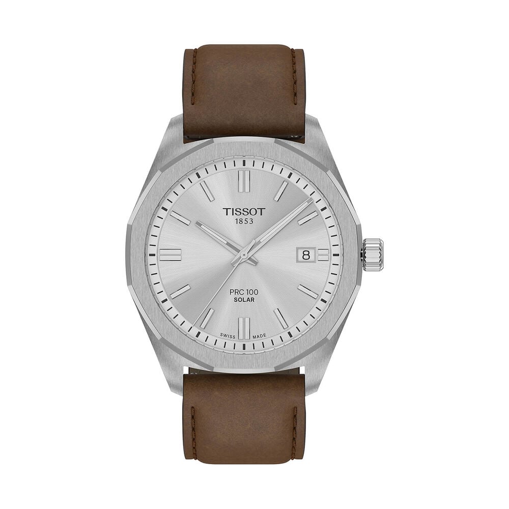 Tissot PRC 100 Solar 39mm Silver Dial Brown Leather Strap Watch
