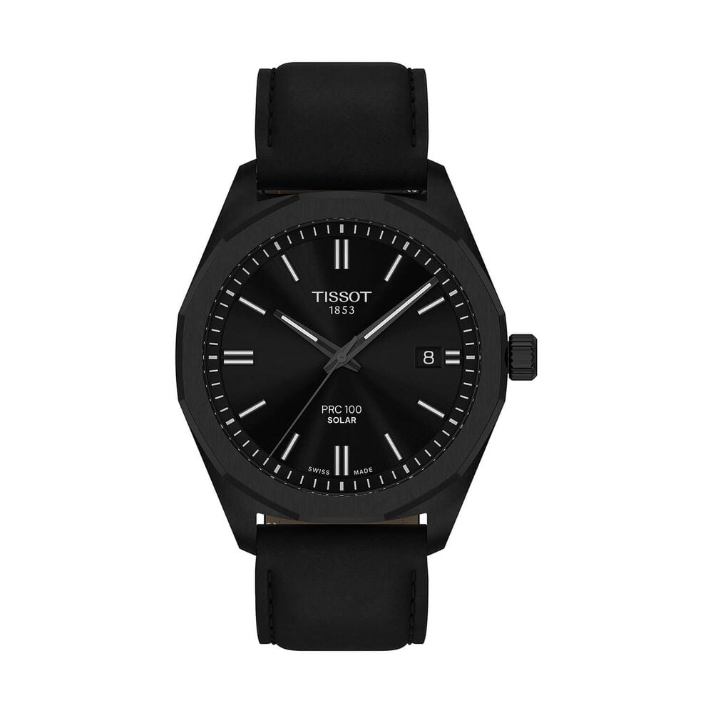 Tissot PRC 100 Solar 39mm Black Dial Black Leather Strap Watch