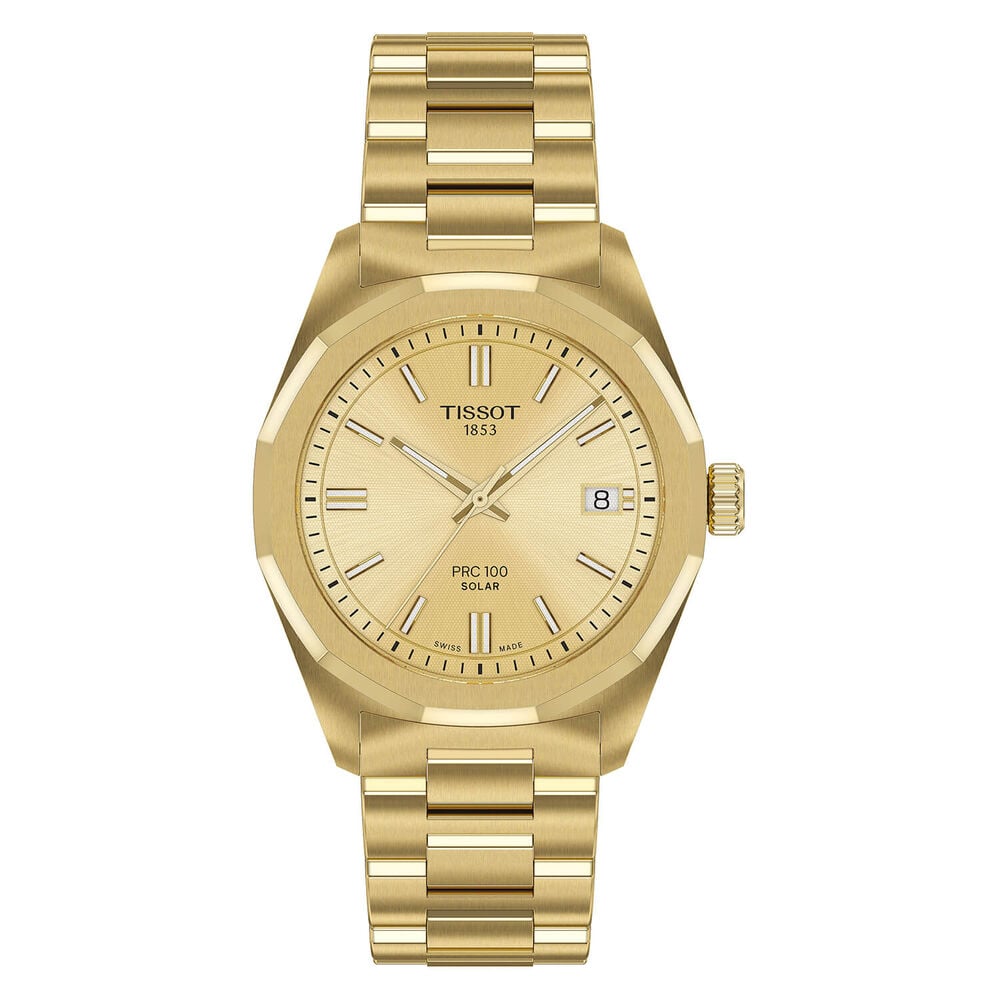Tissot PRC 100 Solar 34mm Gold Dial Yellow Gold PVD Steel Bracelet Watch