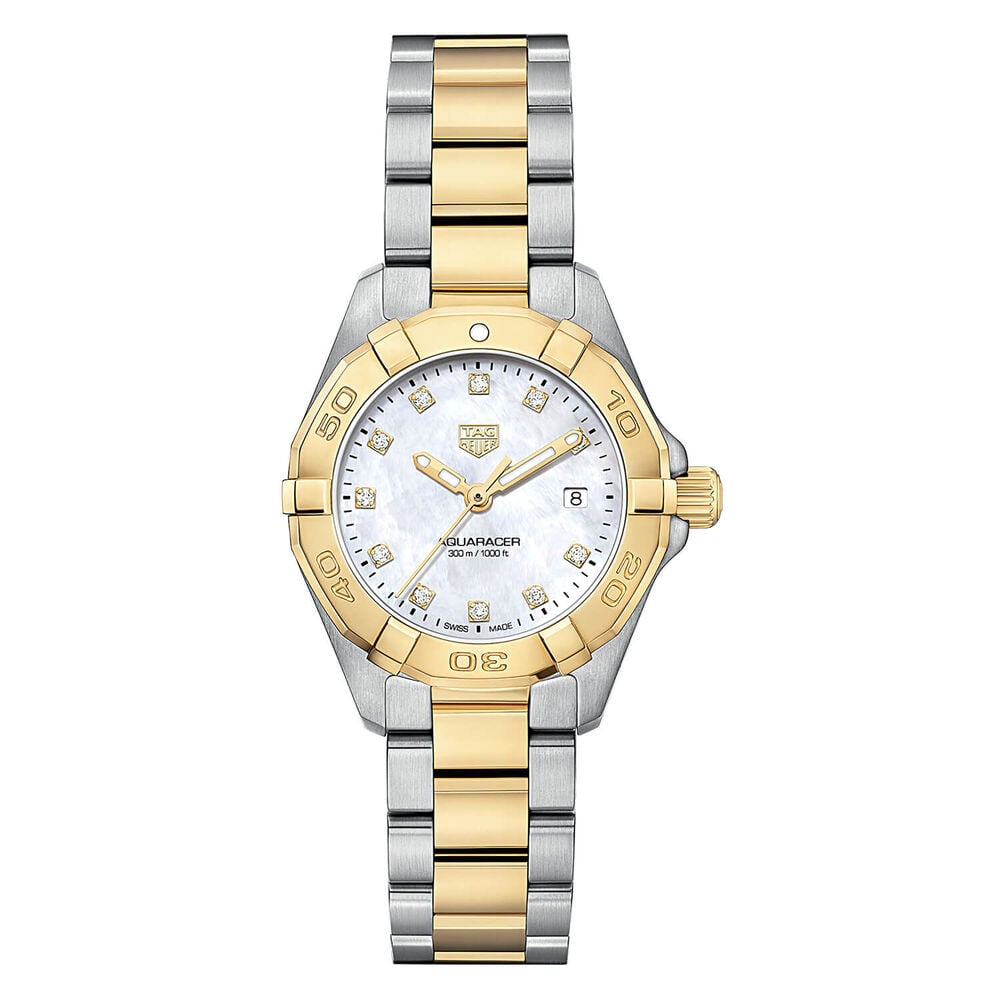 TAG Heuer Aquaracer Date 27mm MOP Dial Diamond Dots 18k Gold Plated & Steel Bracelet Watch