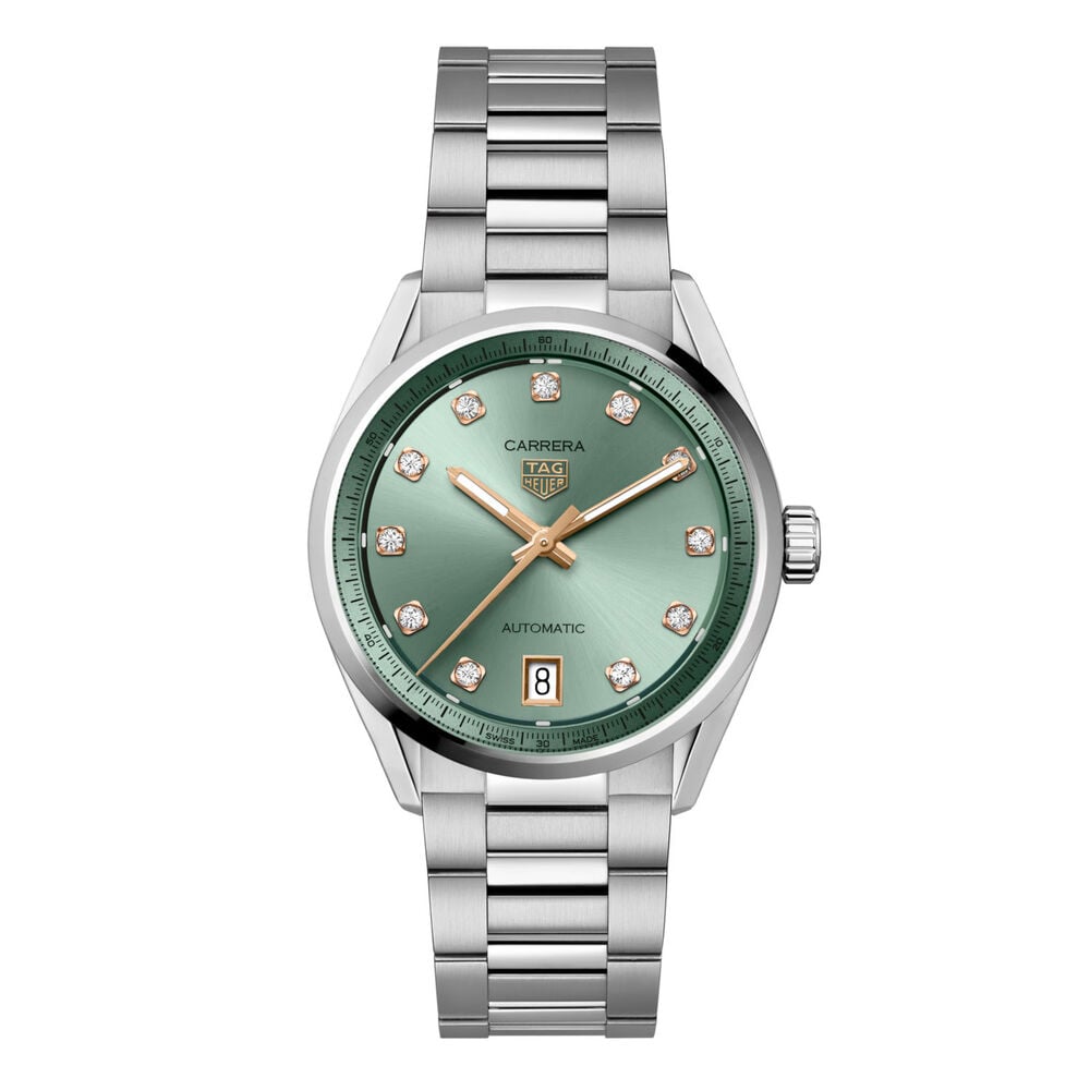 TAG Heuer Carrera Date 36mm Green Dial Diamond Dots Steel Bracelet Watch