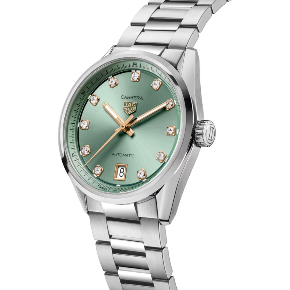 TAG Heuer Carrera Date 36mm Green Dial Diamond Dots Steel Bracelet Watch