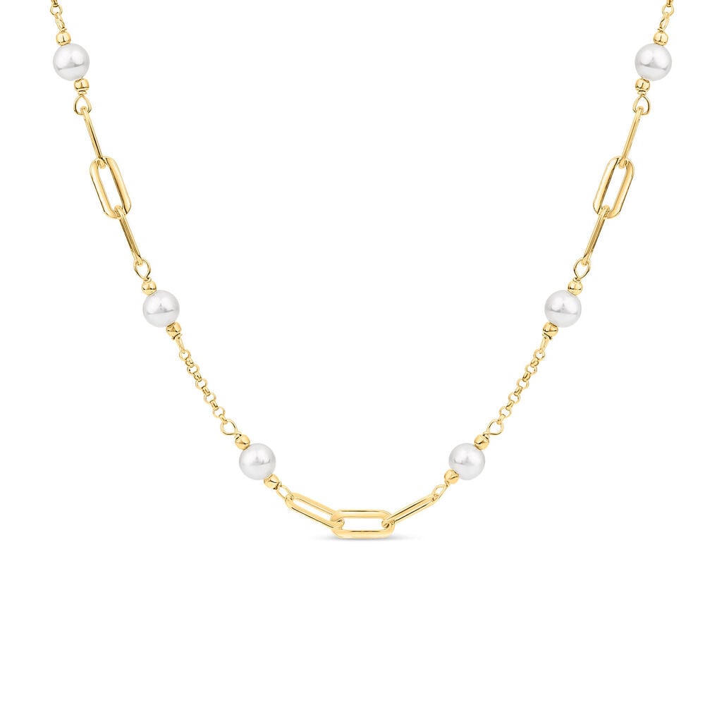 Yellow Gold Plated Sterling Silver Stationed Pearls Paperlink Necklet