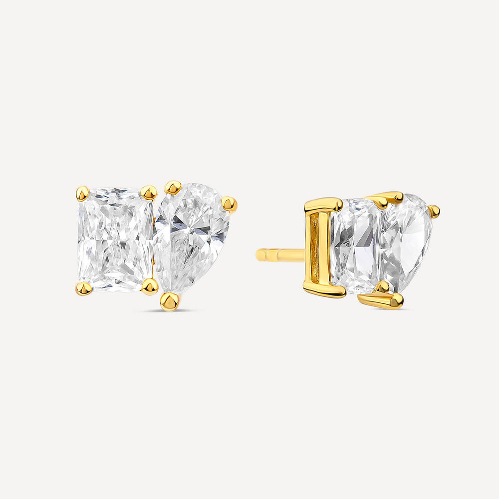 Yellow Gold Plated Sterling Silver Toi Et Moi Cubic Zirconia Stud Earrings