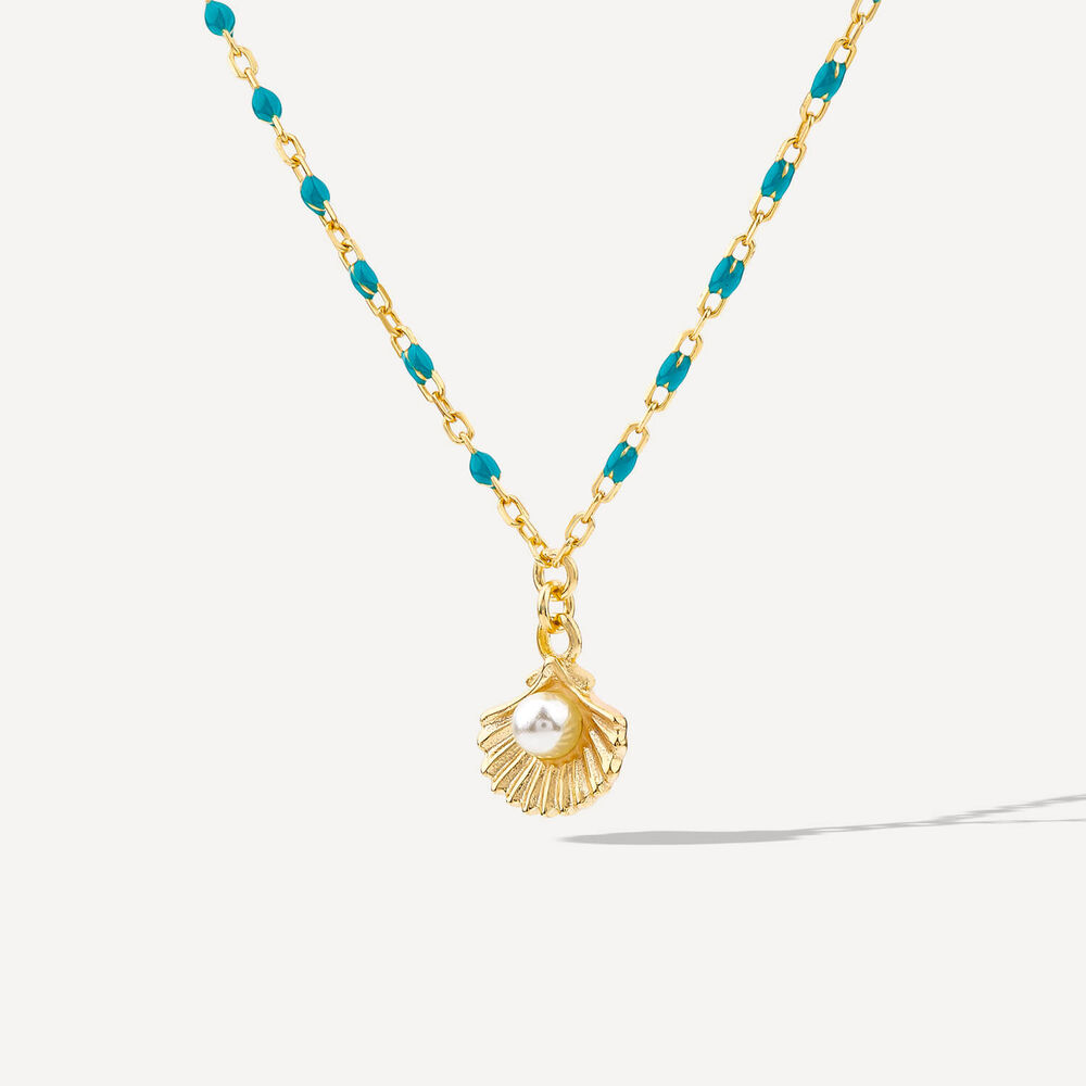 Yellow Gold Plated Sterling Silver Turquoise Beads With Shell Pendant